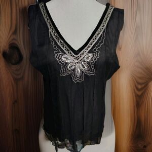 Michel Blouse Size (3XL Very Small) Black Silk Beaded Sleeveless Lined USA NEW